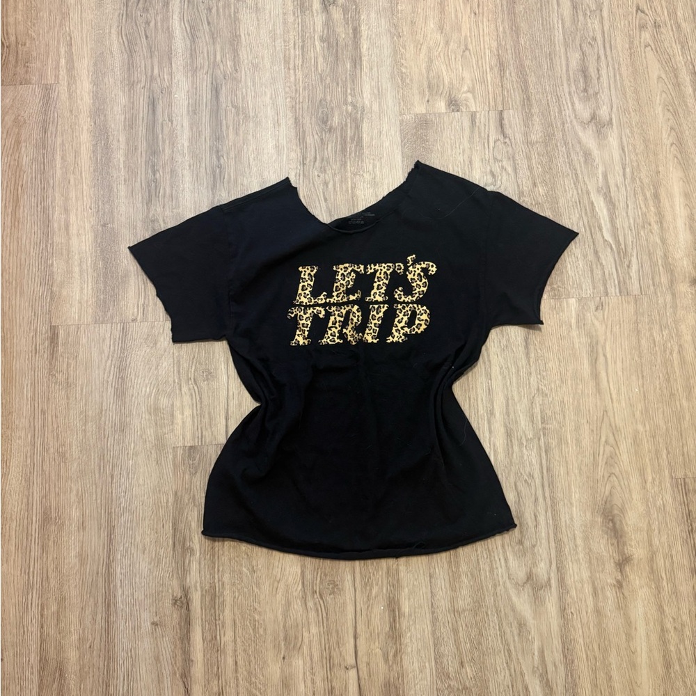 Women's Black Short Sleeve Tee with Leopard 'LET'S TRIP' Graphic